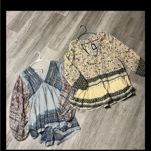 Lot of 2 Free People Aliyah, Gardenia Printed Tunics Yellow Blue Combo NWT